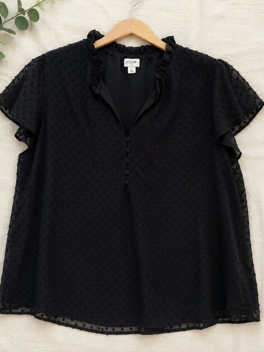J. Crew Black Chiffon Swiss Dot Short Sleeve Blouse with Buttons, Size Large